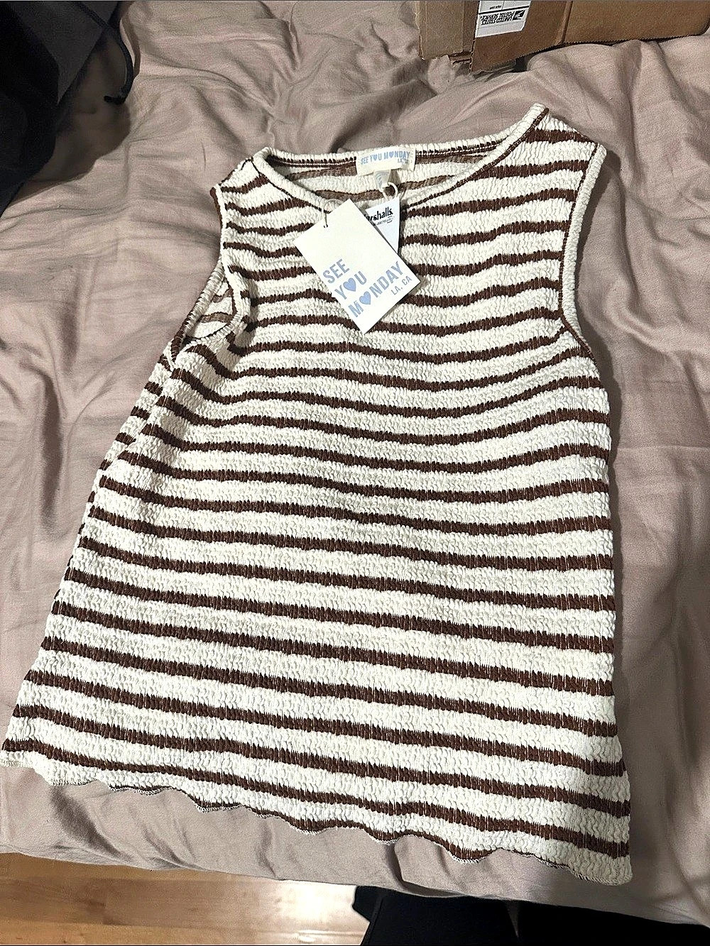See You Monday Striped Tank Top in Brown & Cream Size Medium NWT